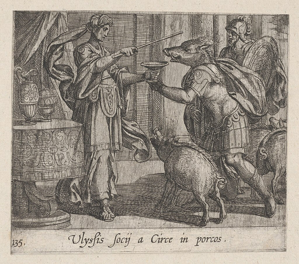 Etching of Circe Changing Ulysses' Men into Swine in Ovid's Metamorphoses by Antonio Tempesta