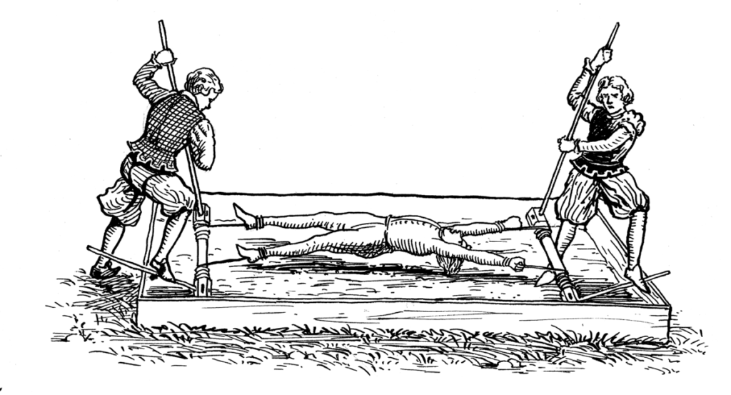 Image of a man being stretched on the torture device known as the rack